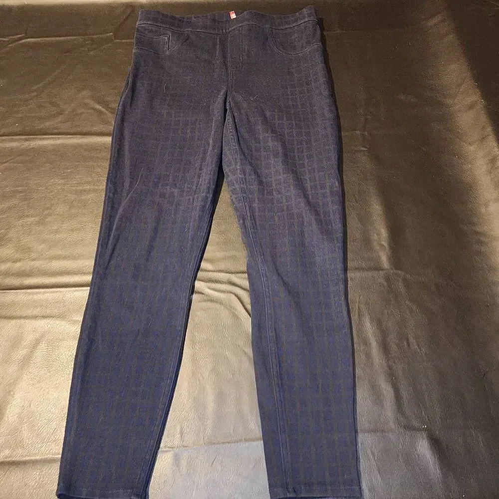 Spanx WomensโNavyโ Blue Checkered Jeanish Ankle Leggings Large